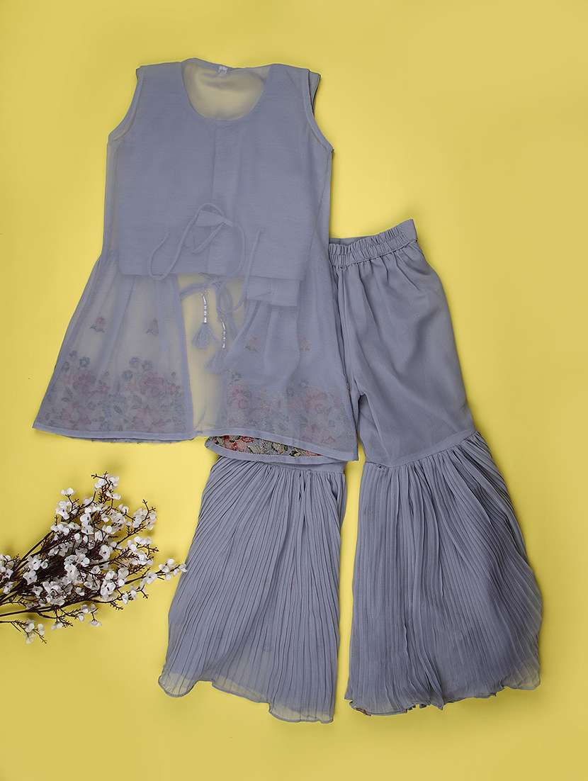 girls solid with work sleeveless kurta sharara set  - 22082959 -  Standard Image - 2