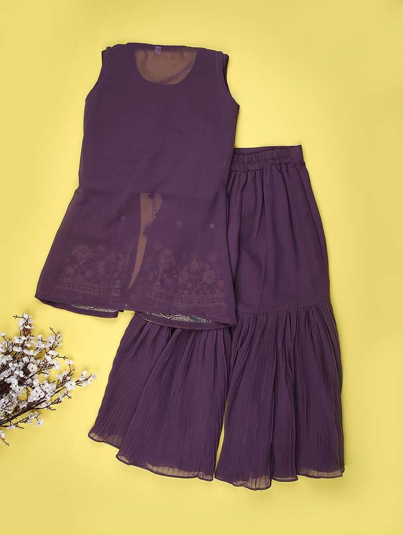 girls solid with work sleeveless kurta sharara set  - 22082960 -  Standard Image - 2