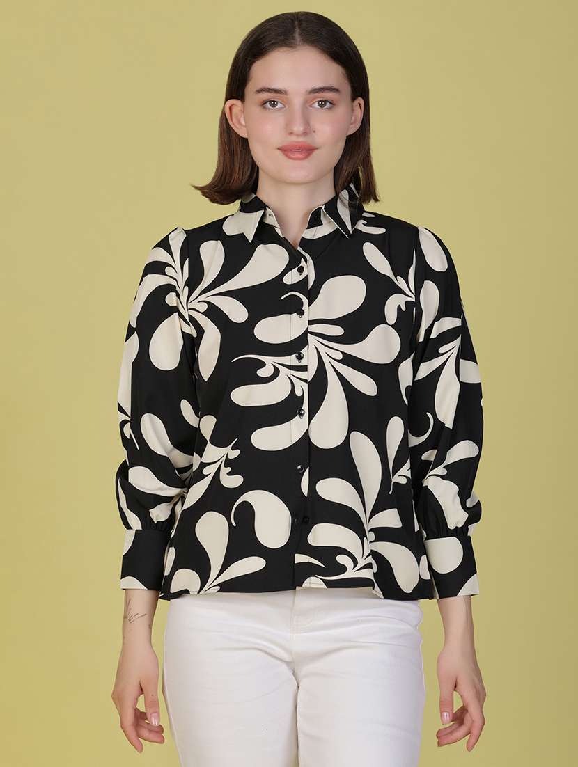 women printed puff sleeve collared shirt