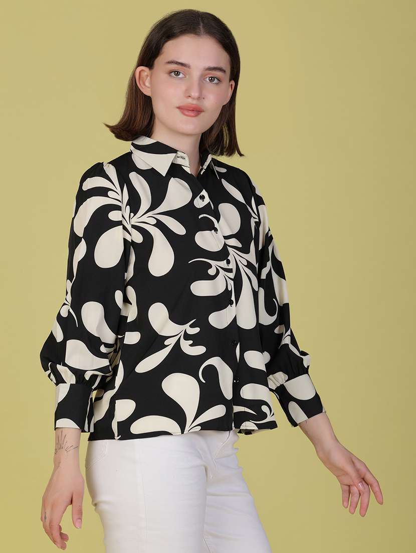 women printed puff sleeve collared shirt - 22082989 - Standard Image - 2