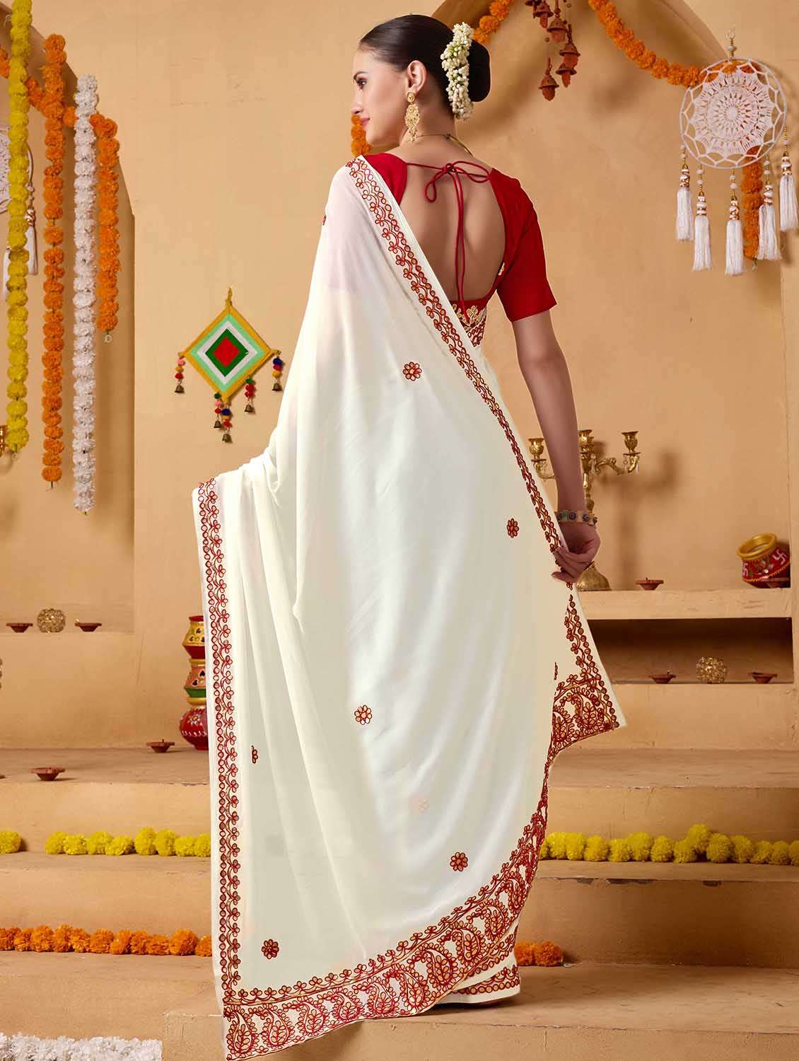 women solid with work embroidered saree with blouse - 22083011 -  Standard Image - 2