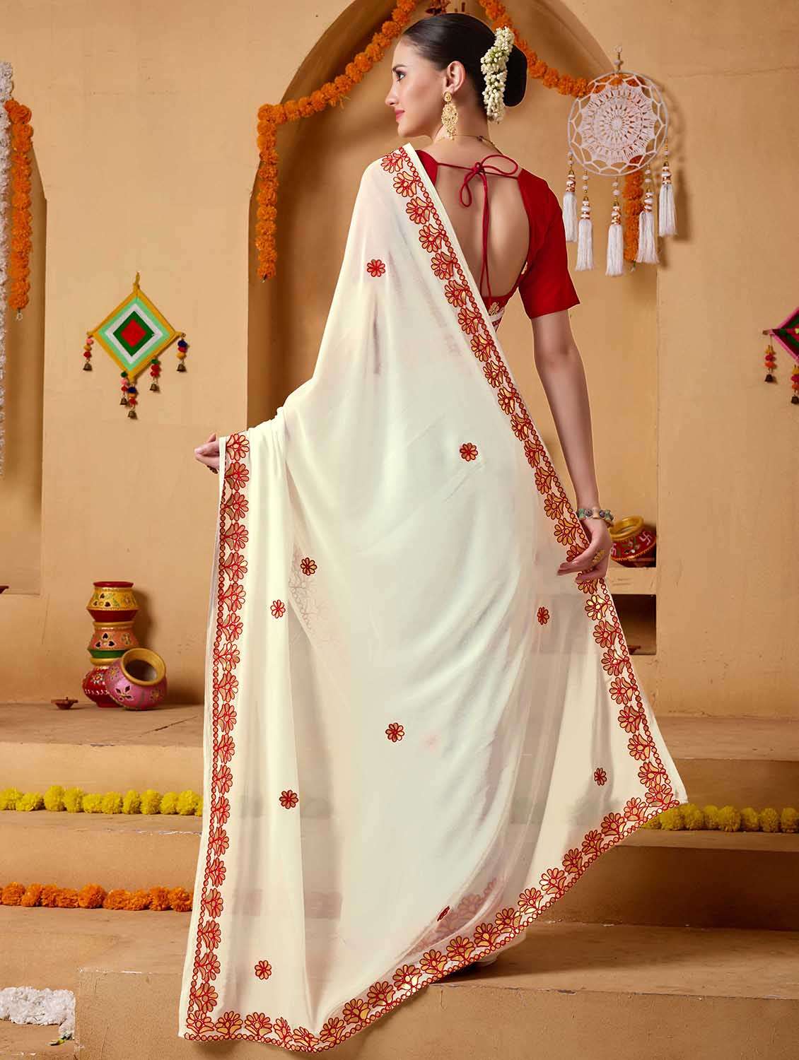 women solid with work embroidered saree with blouse - 22083012 -  Standard Image - 2