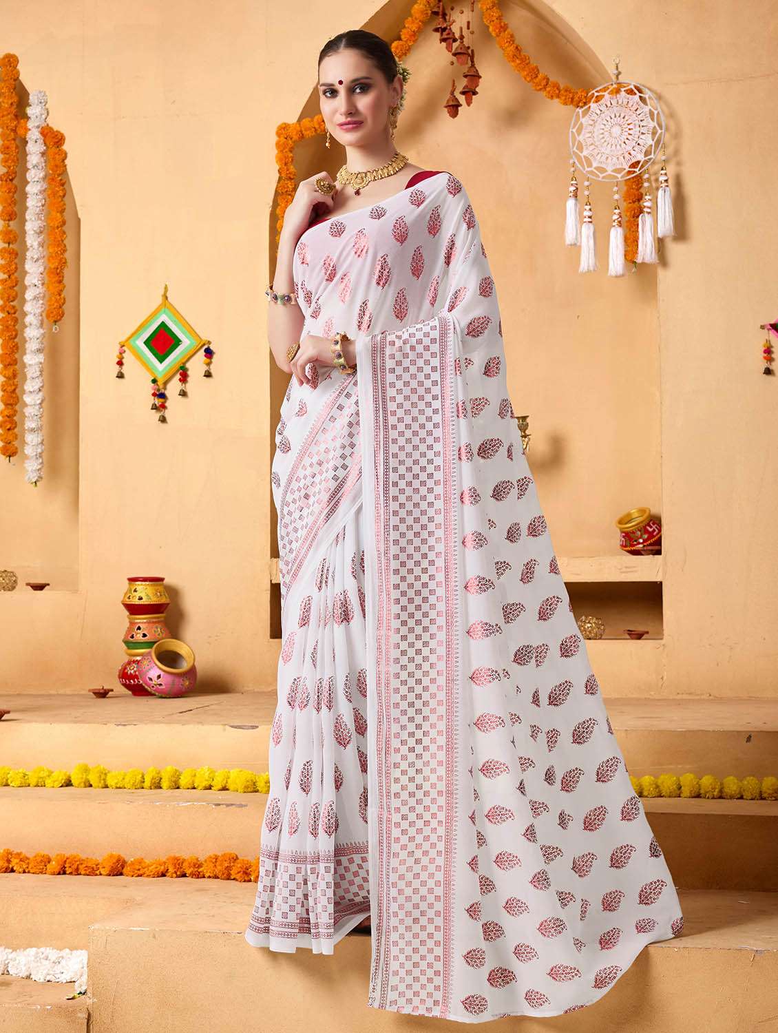 women printed casual wear saree with blouse