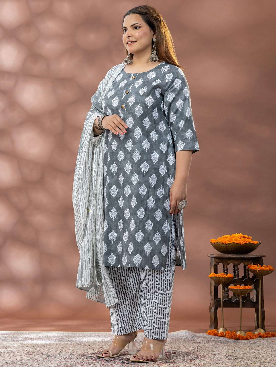women printed three quarter sleeve kurta pant with dupatta set - 22083099 -  Standard Image - 2