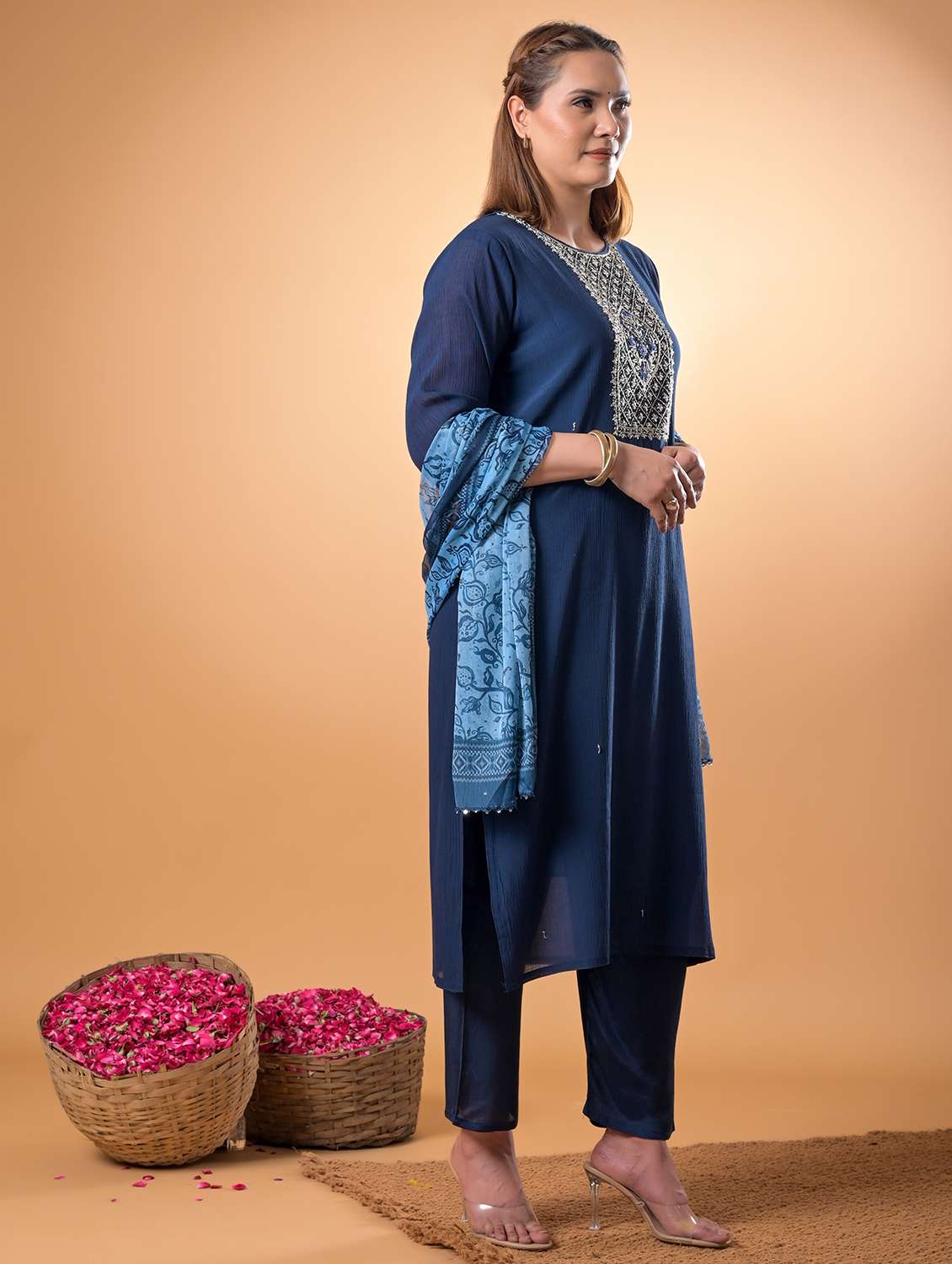 women embroidered three quarter sleeve kurta pant with dupatta set - 22083114 -  Standard Image - 2