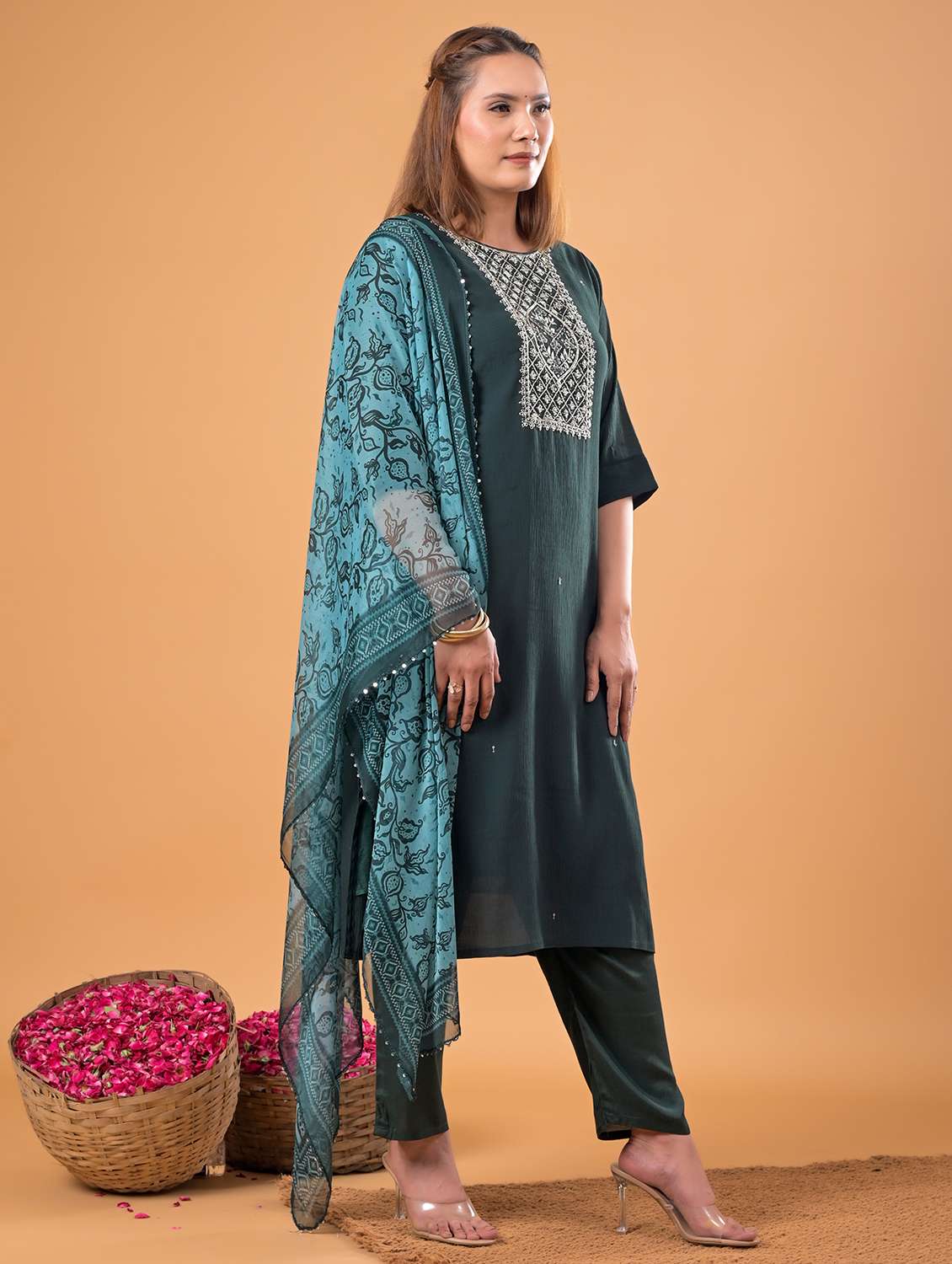 women embroidered three quarter sleeve kurta pant with dupatta set - 22083115 -  Standard Image - 2