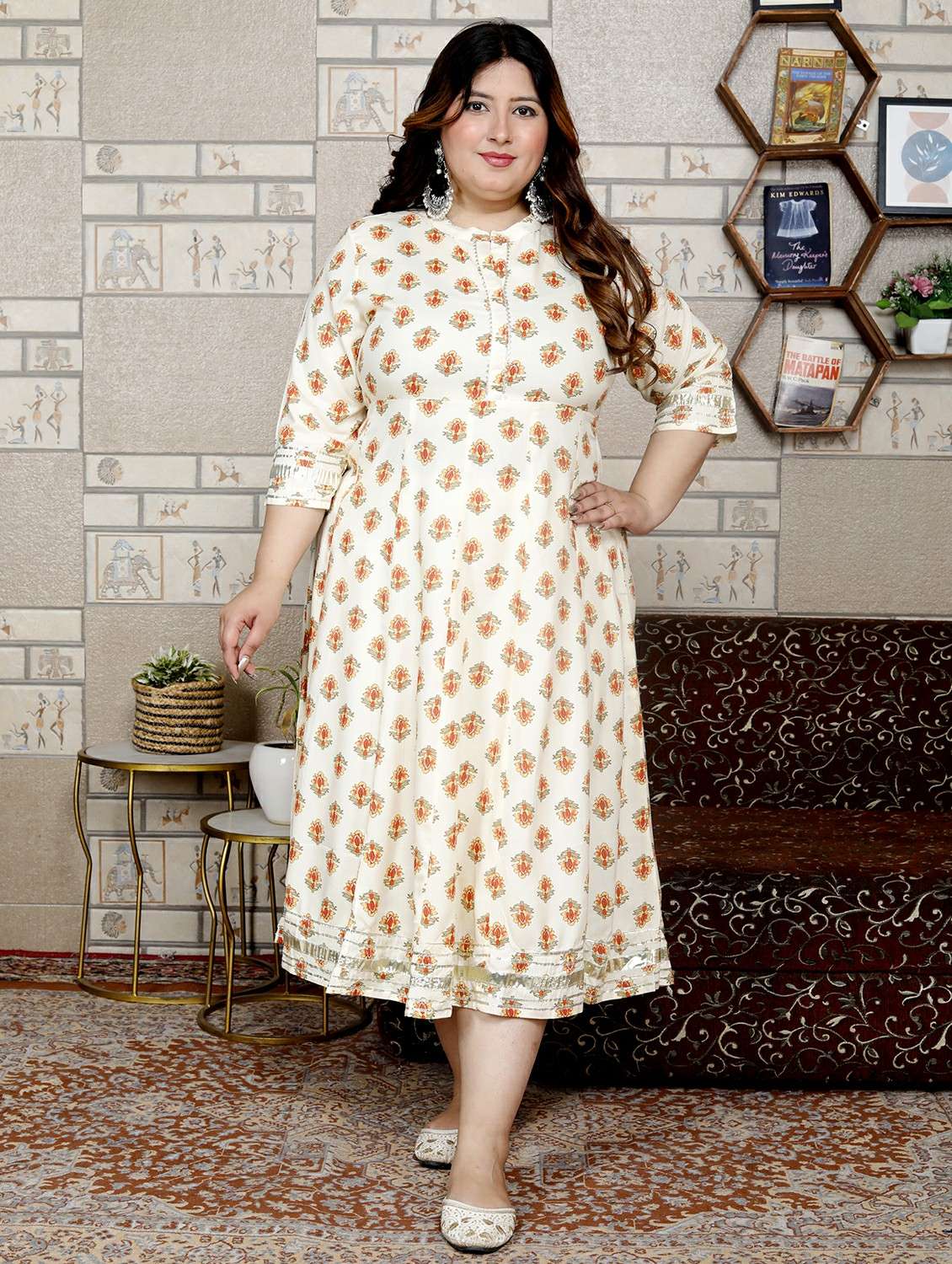women plus size printed mandarin neck a-line dress