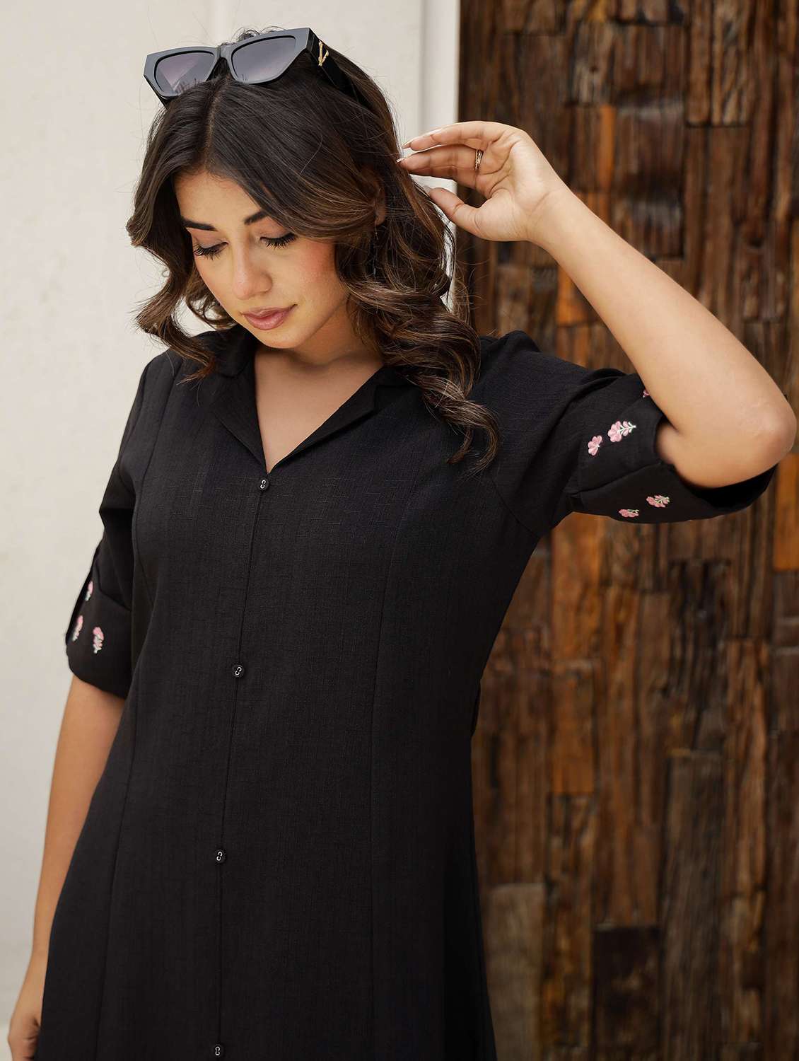 women solid roll-up sleeve collared shirt dress - 22083130 - Standard Image - 2