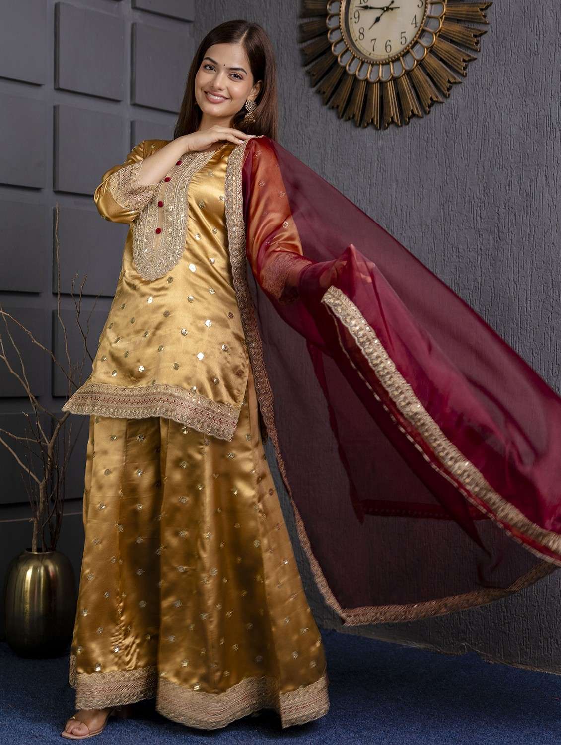women embroidered three quarter sleeve kurta sharara with dupatta set - 22083222 - Standard Image - 2