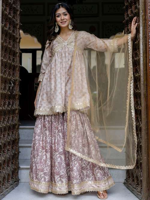women embroidered three quarter sleeve kurta sharara with dupatta set - 22083223 -  Standard Image - 0