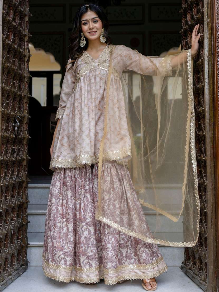 women embroidered three quarter sleeve kurta sharara with dupatta set - 22083223 -  Zoom Image - 0
