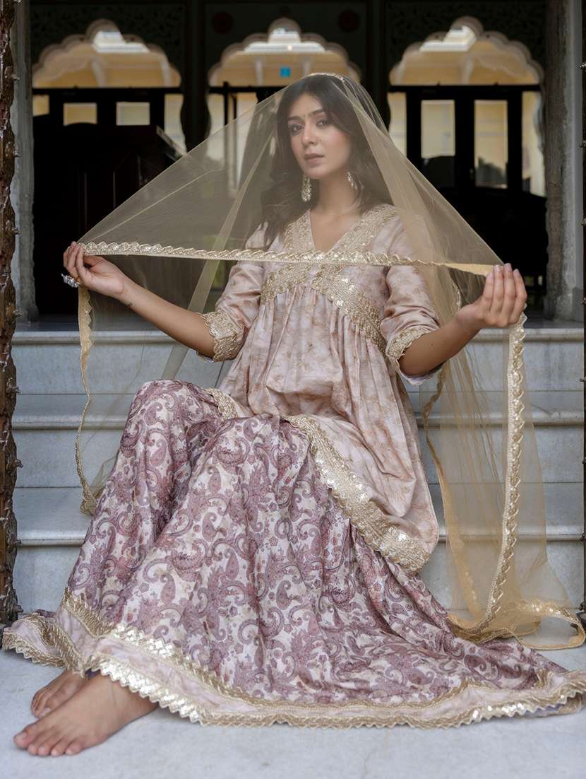 women embroidered three quarter sleeve kurta sharara with dupatta set - 22083223 - Standard Image - 2