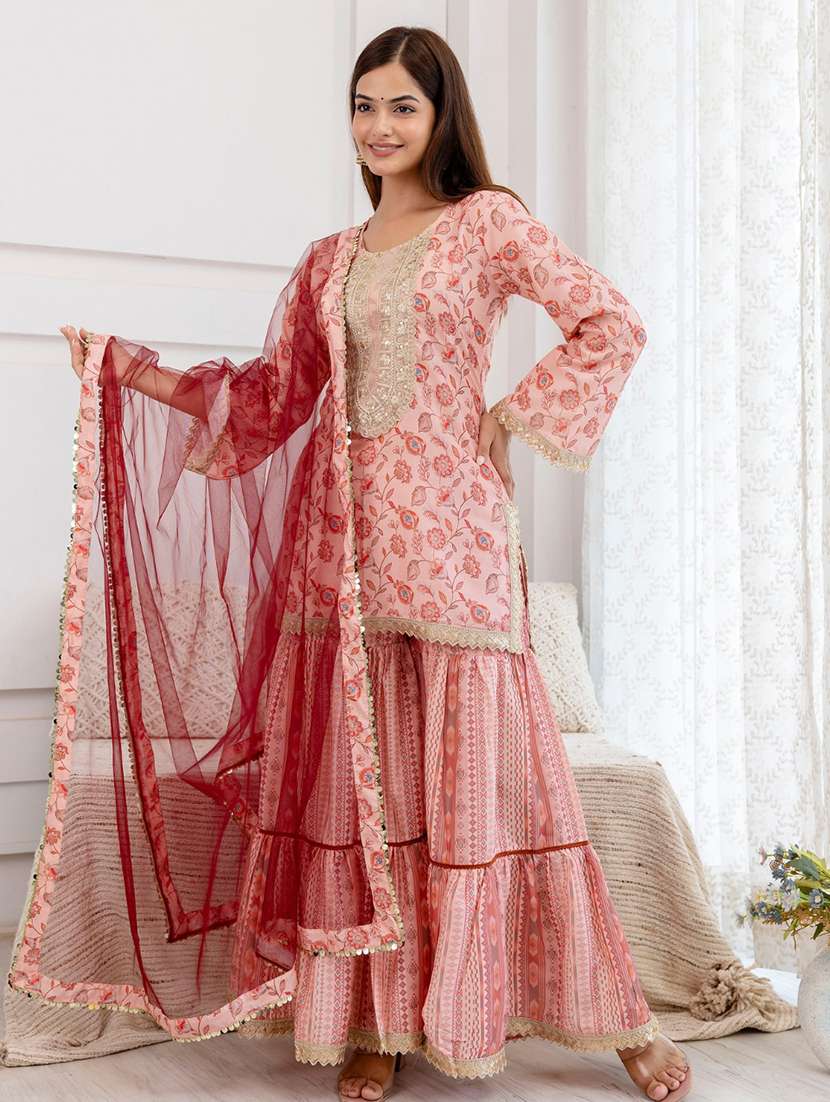 women embroidered long sleeve kurta sharara with dupatta set - 22083224 -  Standard Image - 2