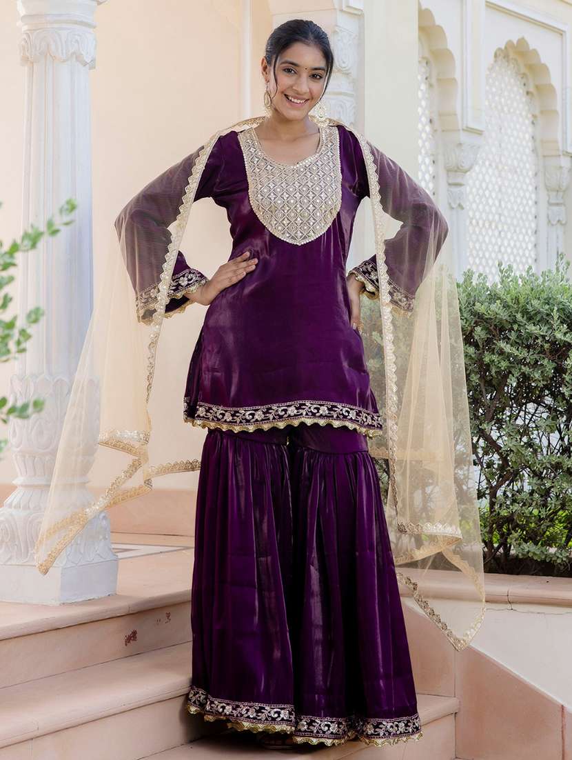 women embroidered long sleeve kurta sharara with dupatta set