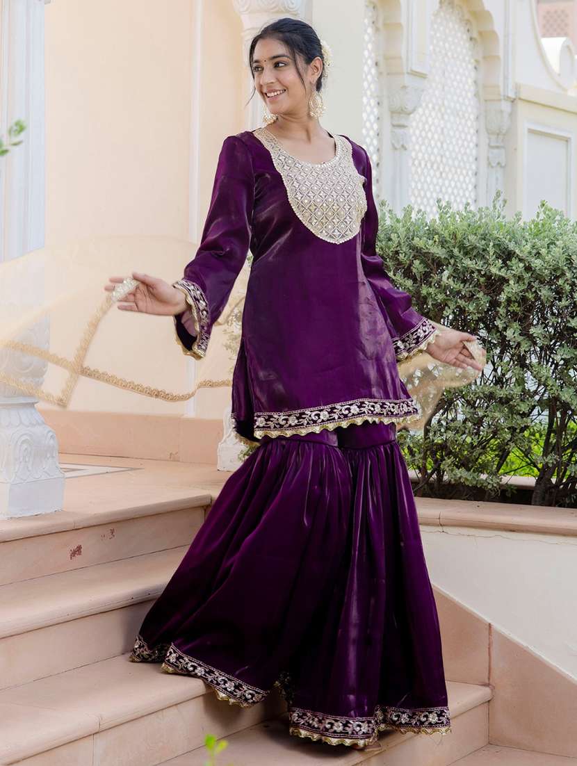 women embroidered long sleeve kurta sharara with dupatta set - 22083225 - Standard Image - 2