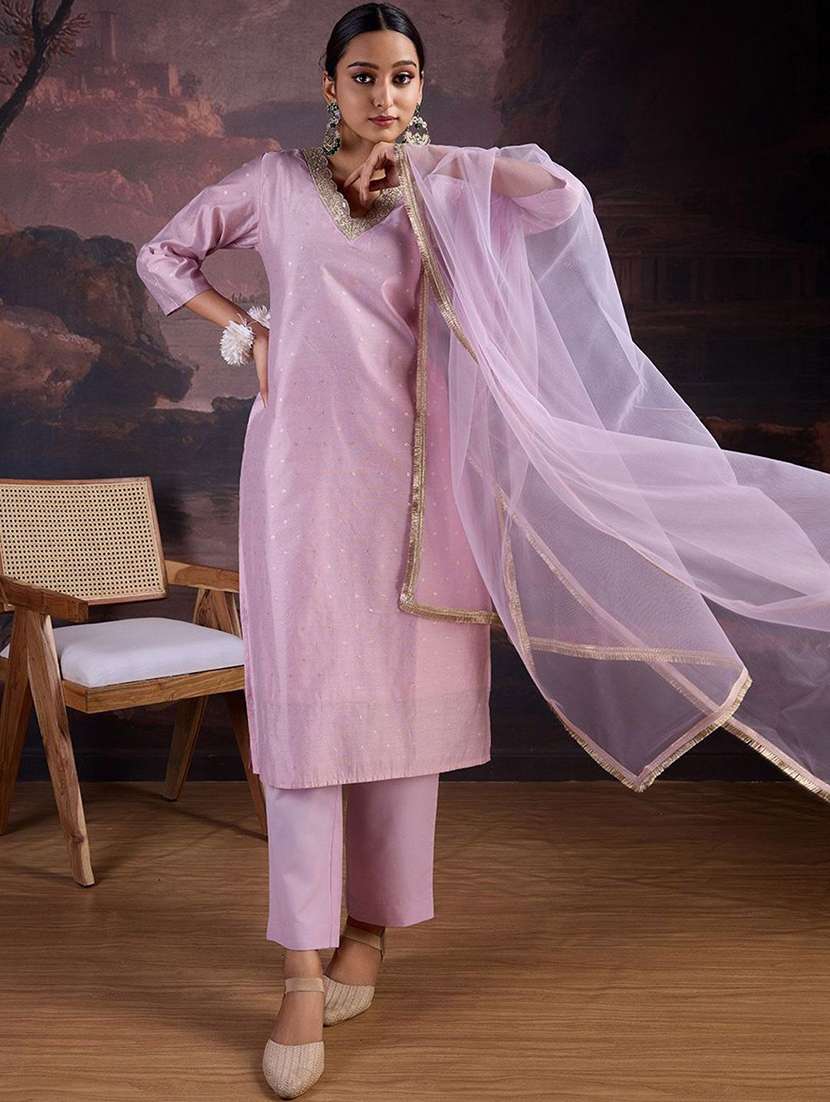 women embroidered three quarter sleeve kurta pant with dupatta set