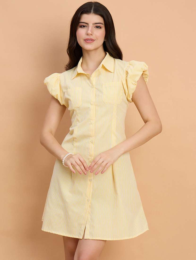 women striped puff sleeve collared shirt dress - 22083233 - Standard Image - 2