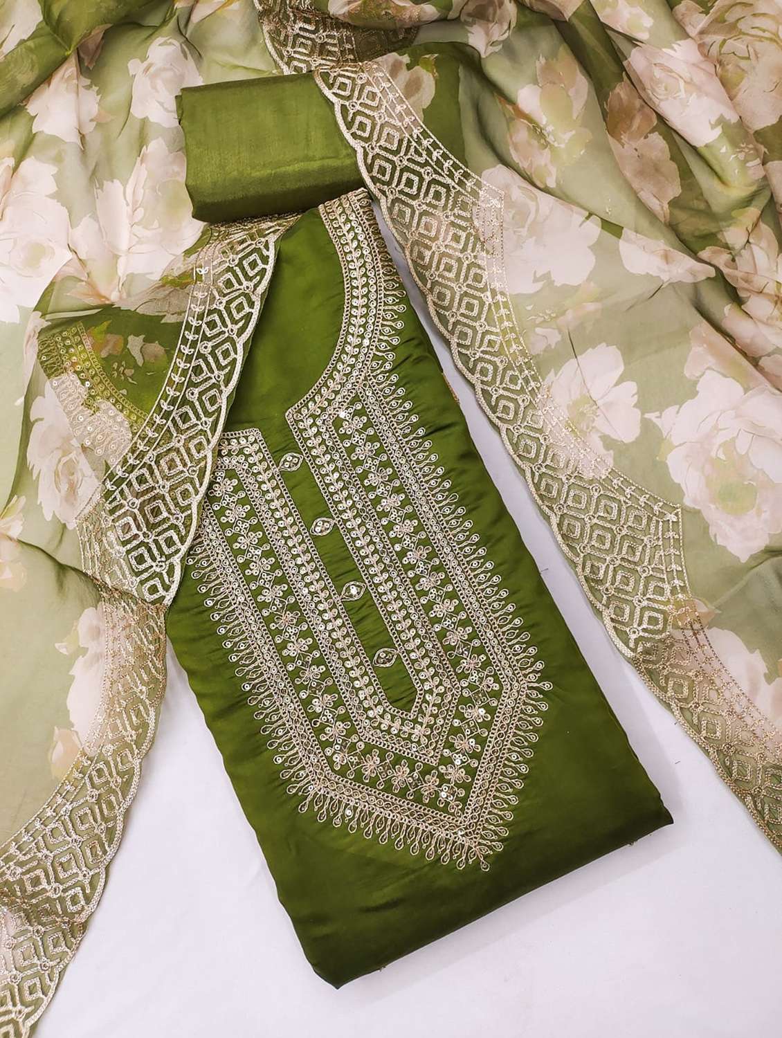 green cotton blend unstitched suit - 22083248 -  Standard Image - 2