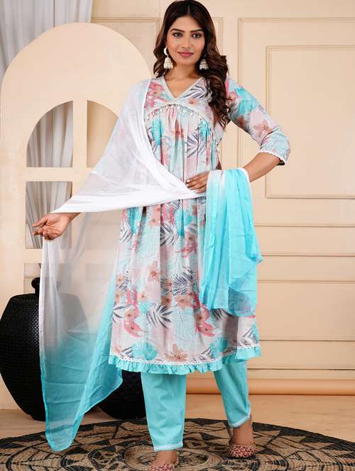 women floral three quarter sleeve kurta pant with dupatta set - 22083309 -  Standard Image - 0