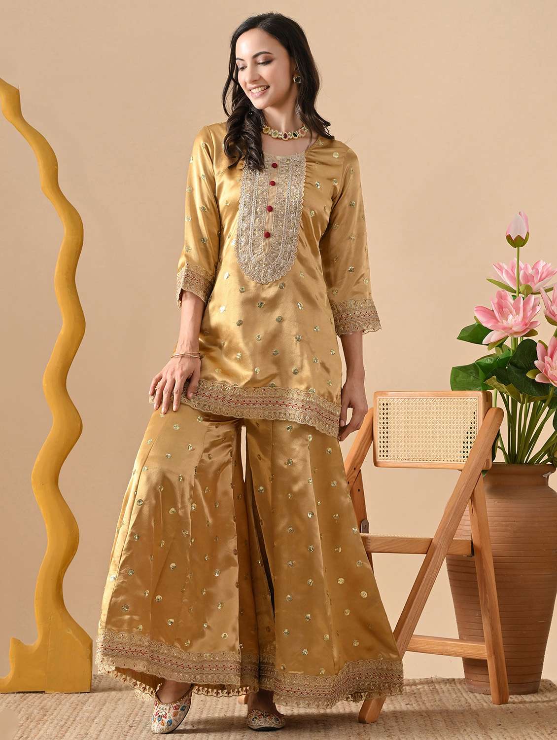 women embroidered three quarter sleeve kurta sharara with dupatta set - 22083310 -  Standard Image - 2