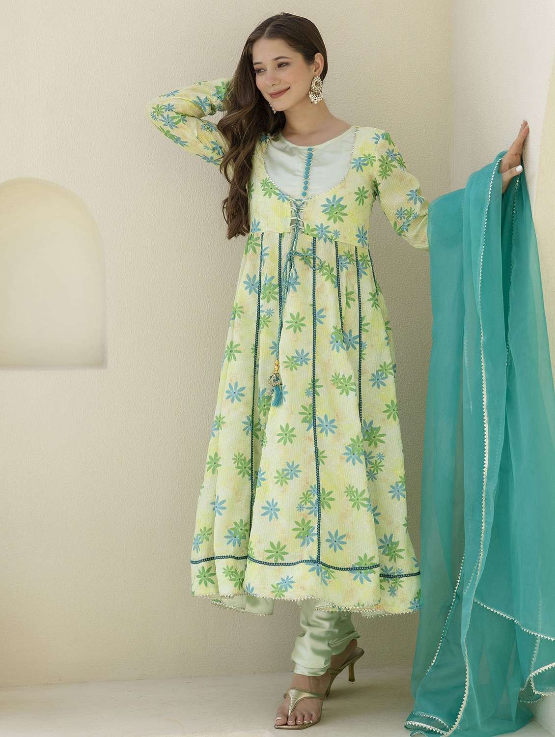 women embellished long sleeve kurta churidaar with dupatta set - 22083313 - Standard Image - 2