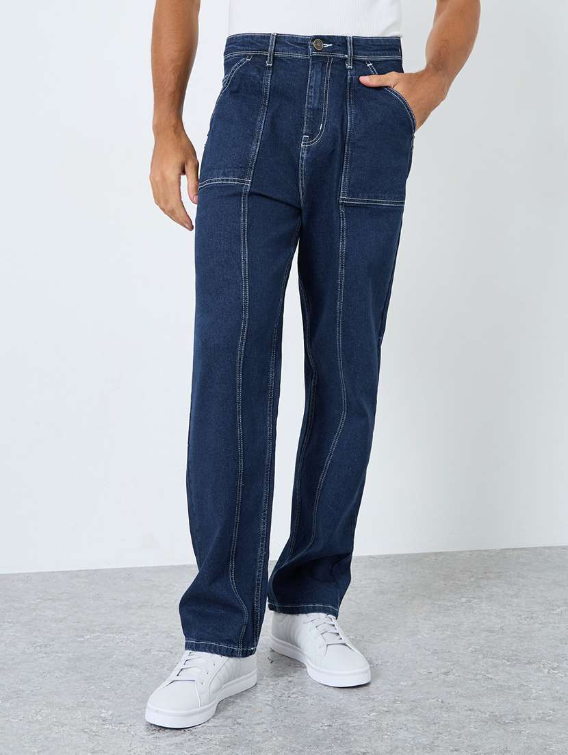 men plain mid rise full length straight fit jeans