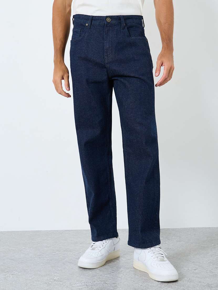 men plain mid rise full length straight fit jeans