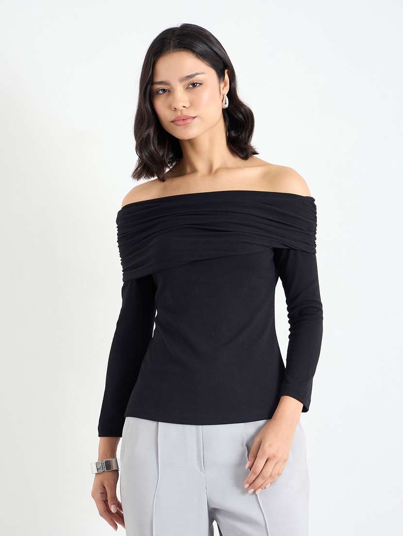 women black solid long sleeve off shoulder top - 22083462 - Zoom Image - 0