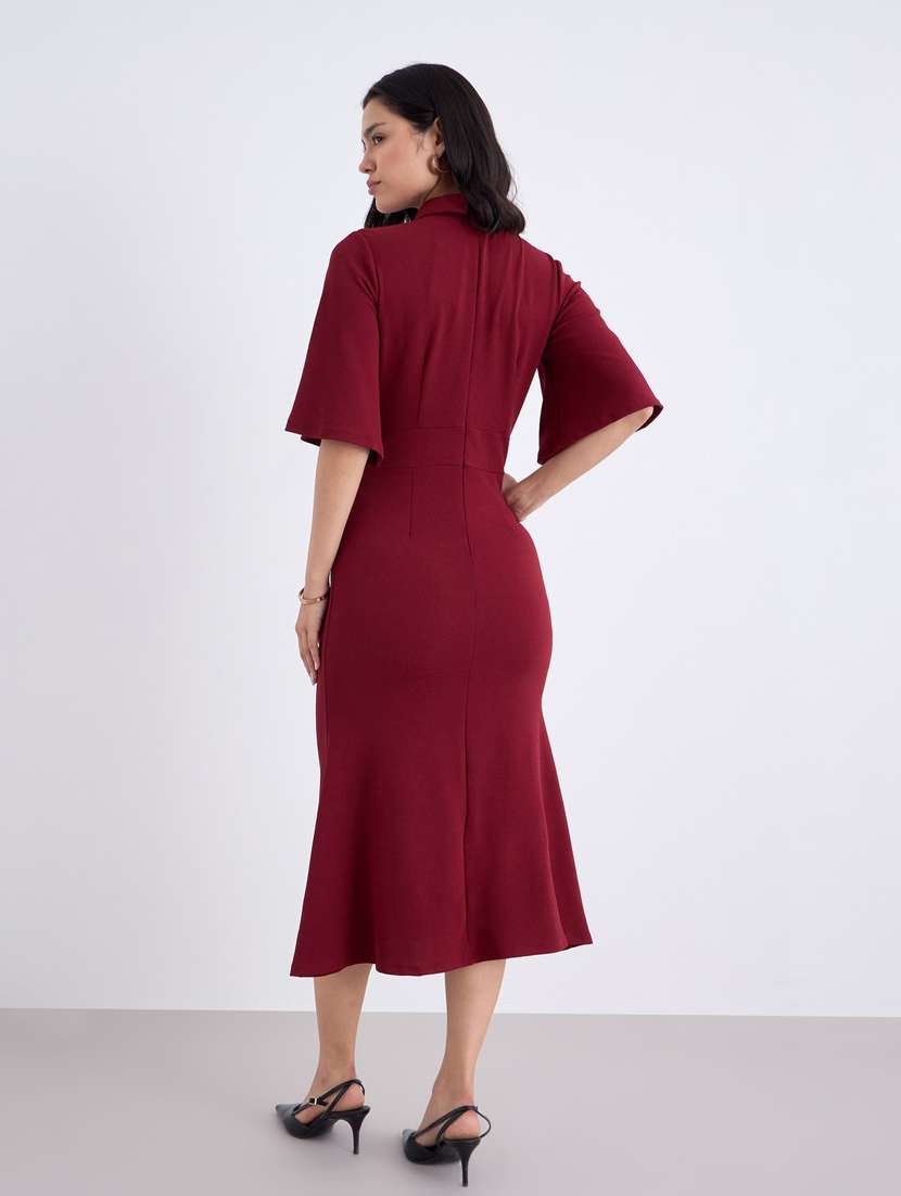 women maroon solid bell sleeve collared bodycon dress - 22083479 - Standard Image - 2