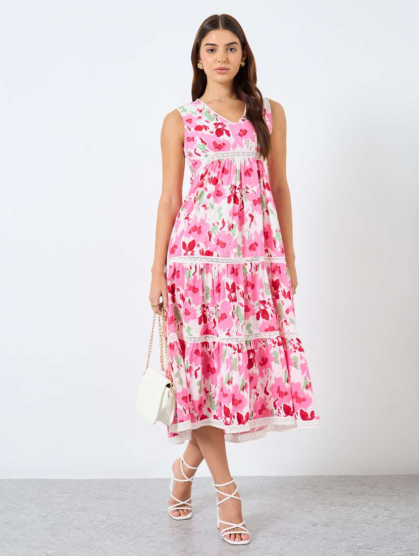 women printed sleeveless tiered dress