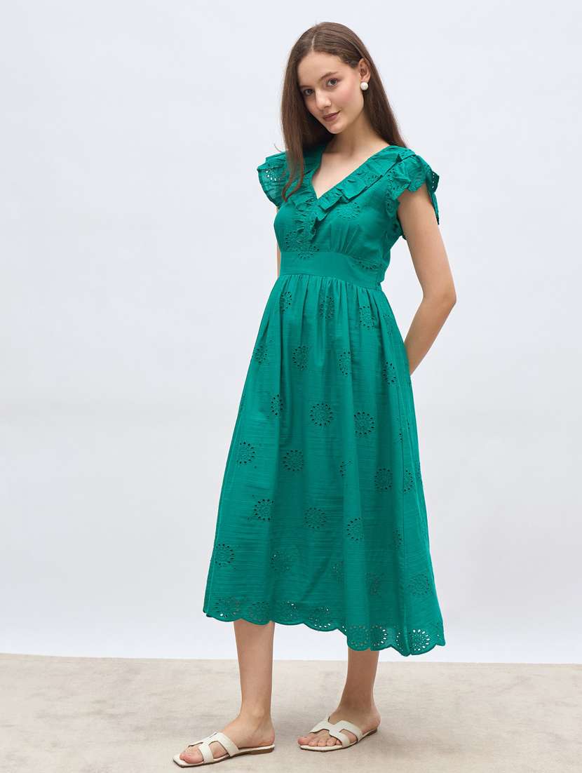 women solid ruffle sleeve schiffli fit & flare dress - 22083484 -  Standard Image - 2