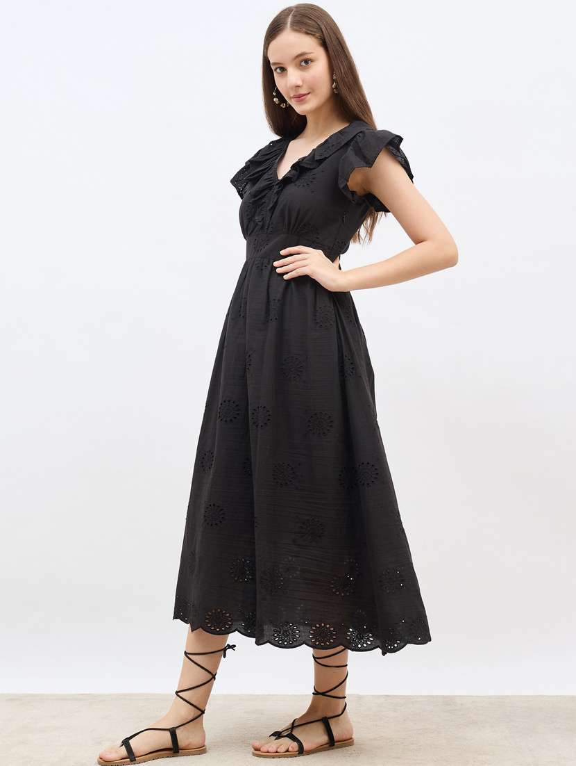 women solid ruffle sleeve schiffli fit & flare dress - 22083485 -  Standard Image - 2