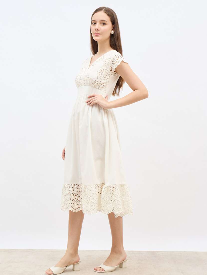 women solid cap sleeve lace a-line dress - 22083486 -  Standard Image - 2