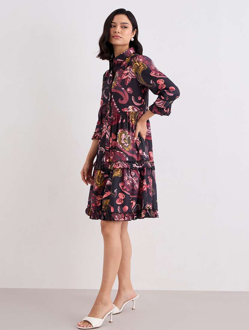women printed collared three quarter sleeve tiered dress - 22083490 -  Standard Image - 2