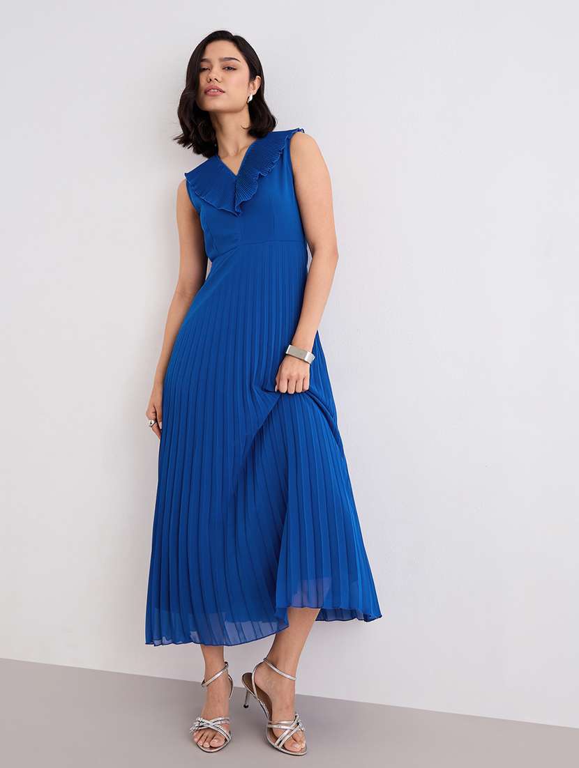 women blue solid sleeveless a-line dress