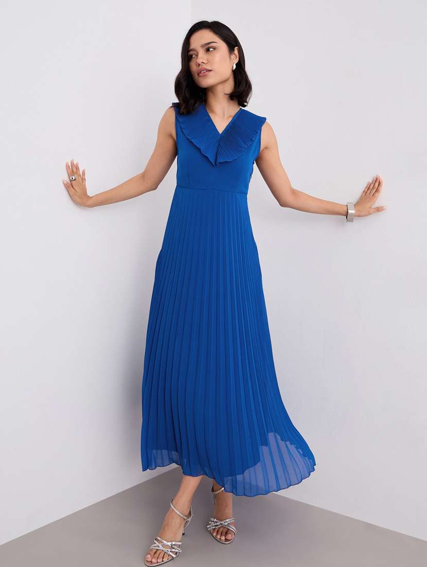 women blue solid sleeveless a-line dress - 22083492 -  Standard Image - 2