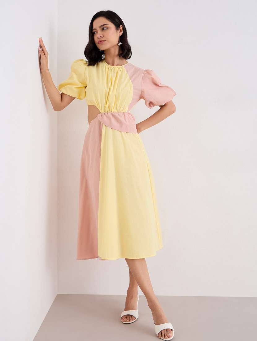 women color blocked puff sleeve cut out a-line dress - 22083493 - Standard Image - 2