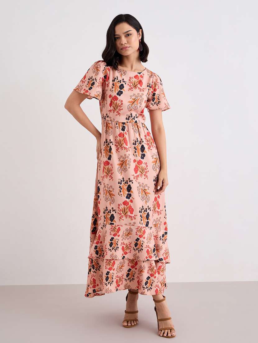 women printed puff sleeve layered maxi dress