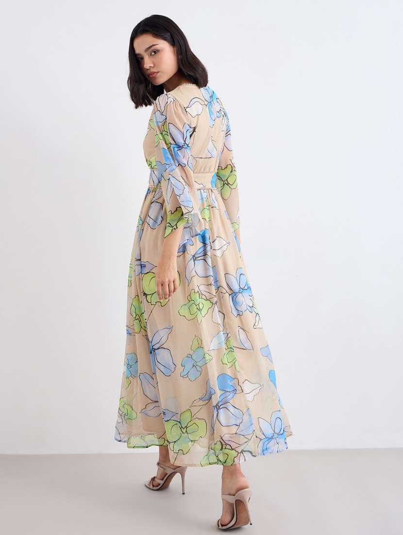 women printed bell sleeve a-line maxi dress - 22083497 - Standard Image - 2