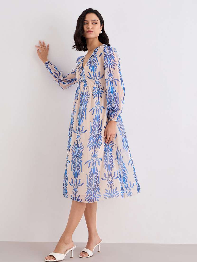 women printed puff sleeve a-line dress - 22083501 -  Standard Image - 2