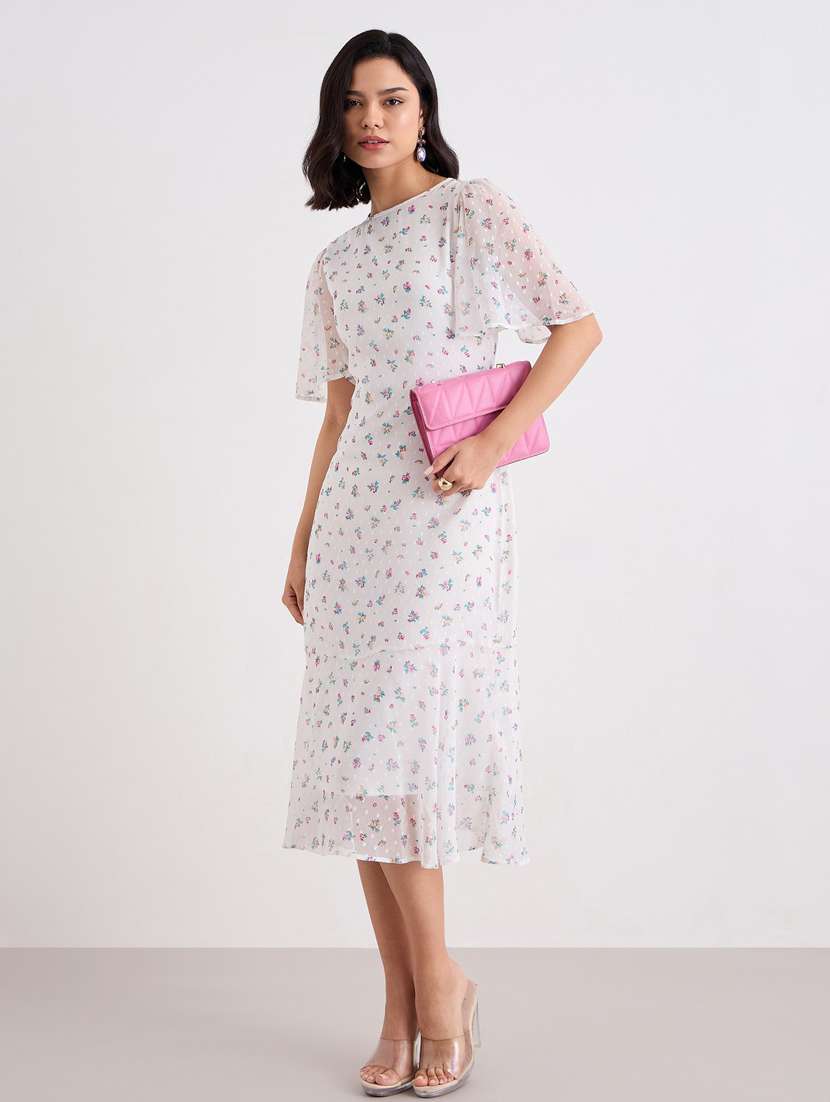 women floral print flared sleeve a-line dress