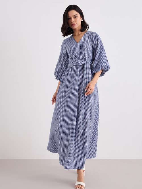 women checkered puff sleeve belted a-line dress - 22083504 -  Standard Image - 0