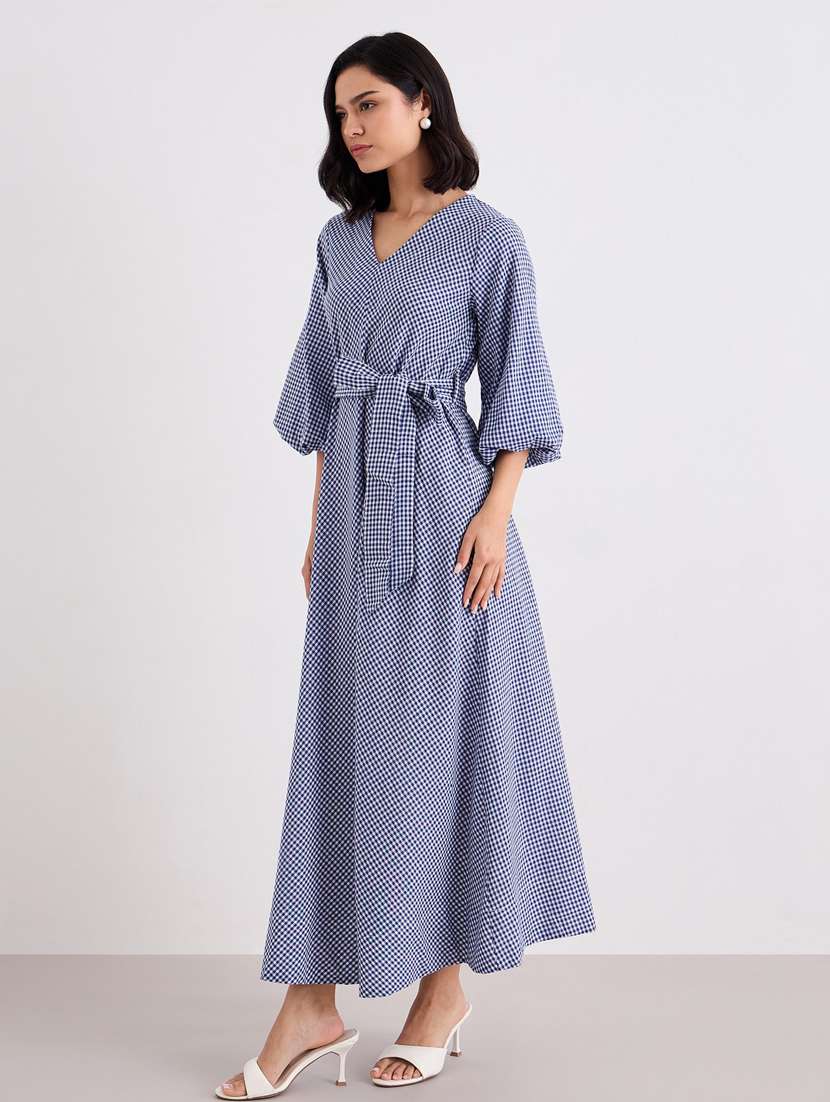 women checkered puff sleeve belted a-line dress - 22083504 -  Standard Image - 2
