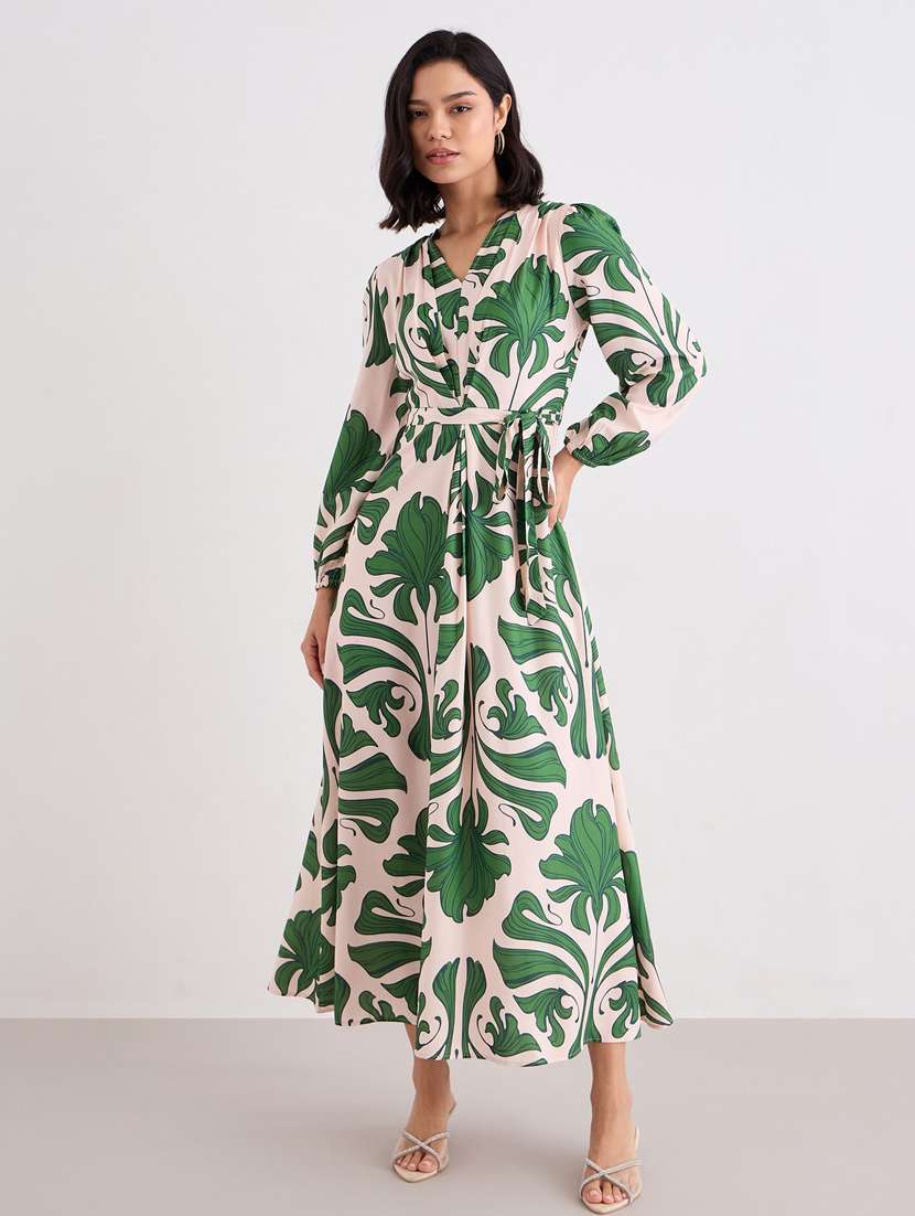 women printed puff sleeve belted a-line dress - 22083506 -  Standard Image - 2