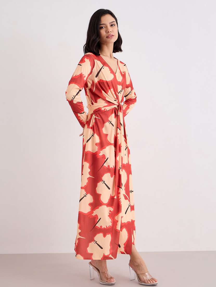 women printed long sleeve wrap maxi dress - 22083508 - Standard Image - 2