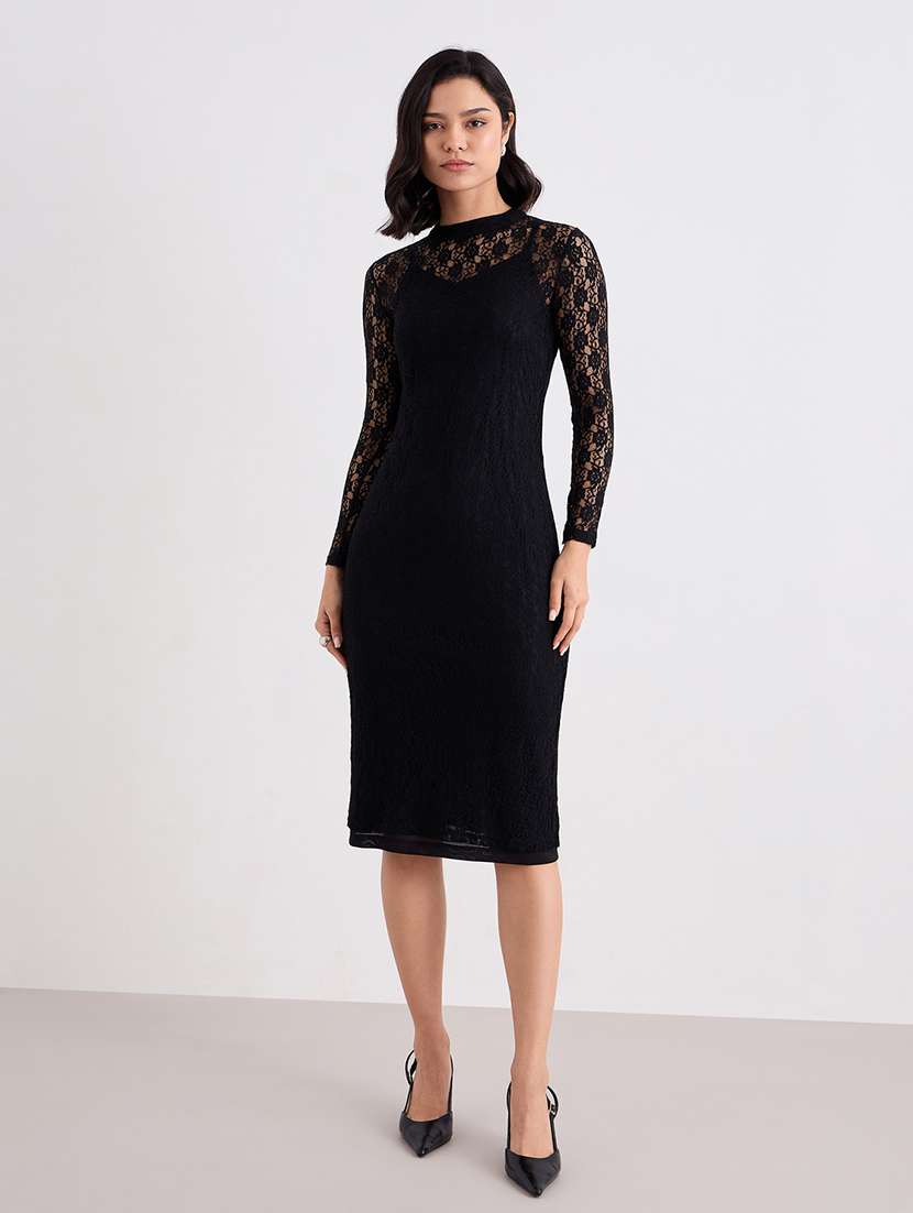 women black long sleeve lace dress with slip - 22083511 - Zoom Image - 0