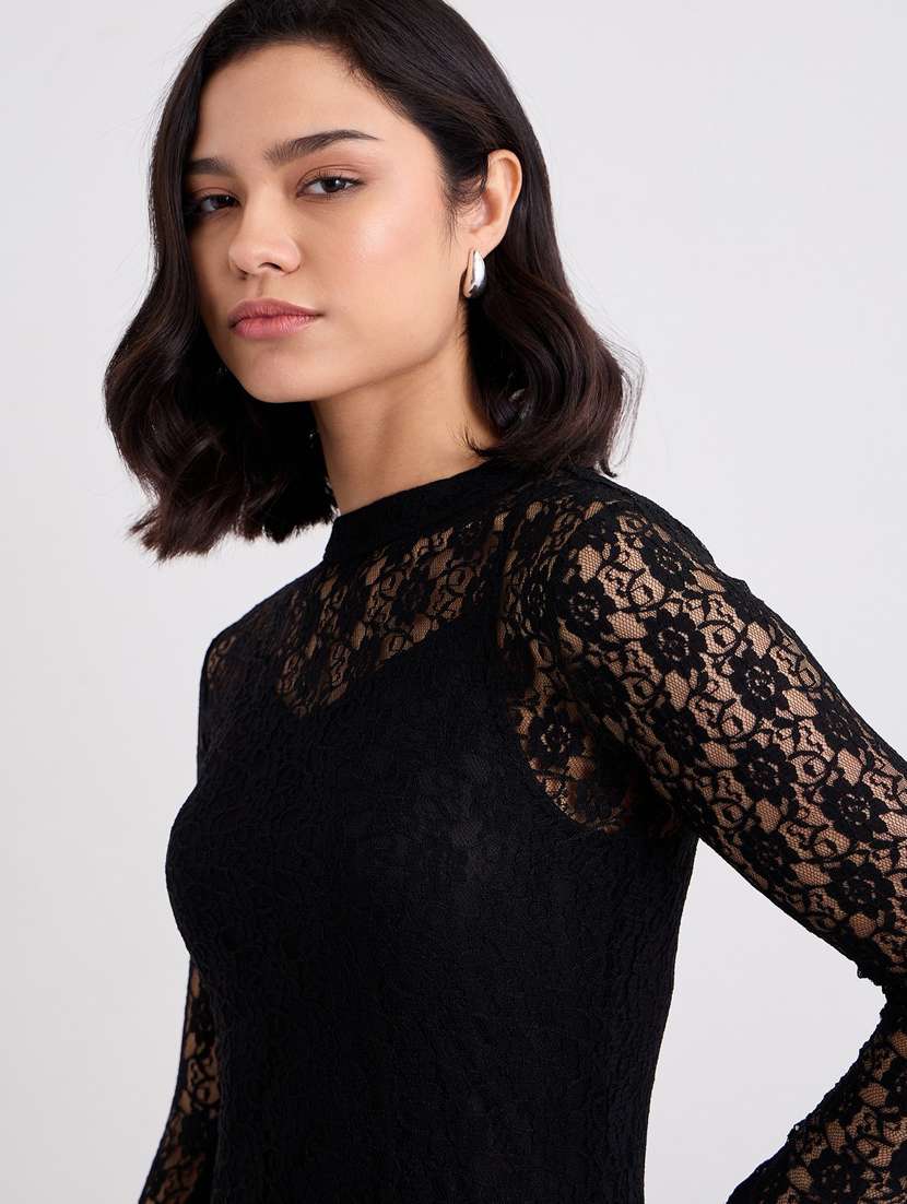 women black long sleeve lace dress with slip - 22083511 - Standard Image - 7
