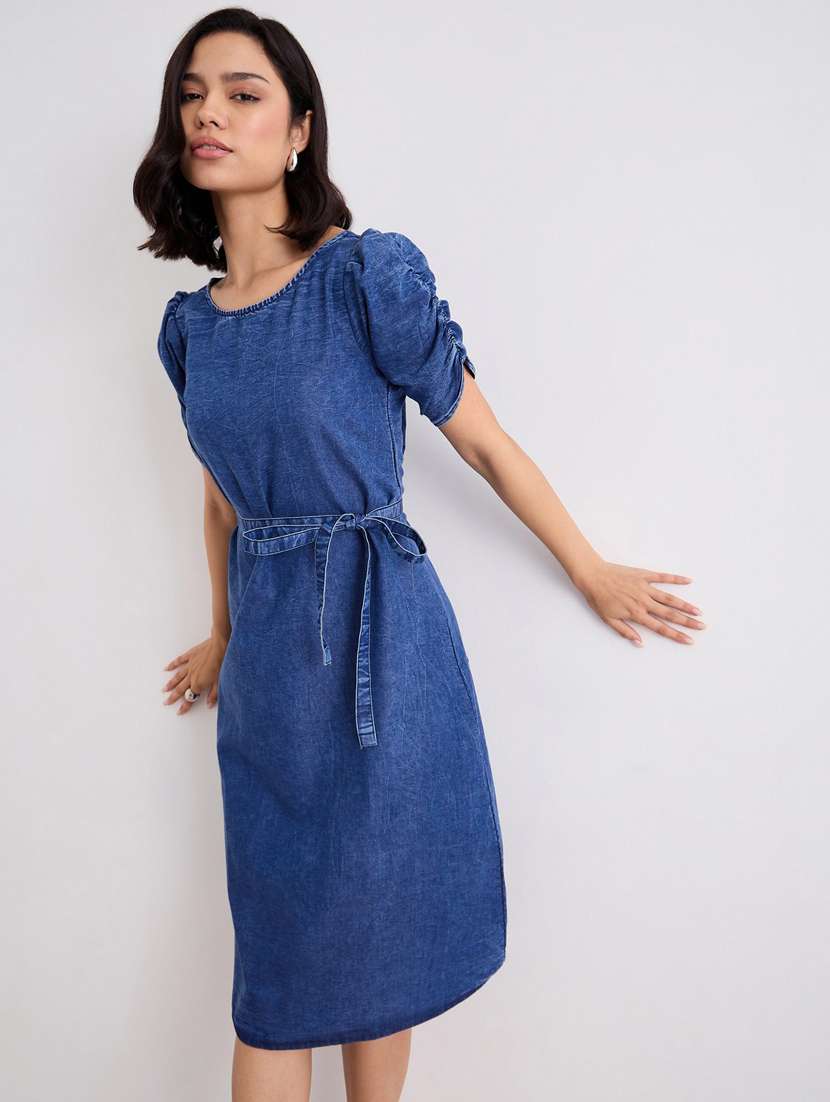 women solid puff sleeve denim a-line dress - 22083512 -  Standard Image - 2