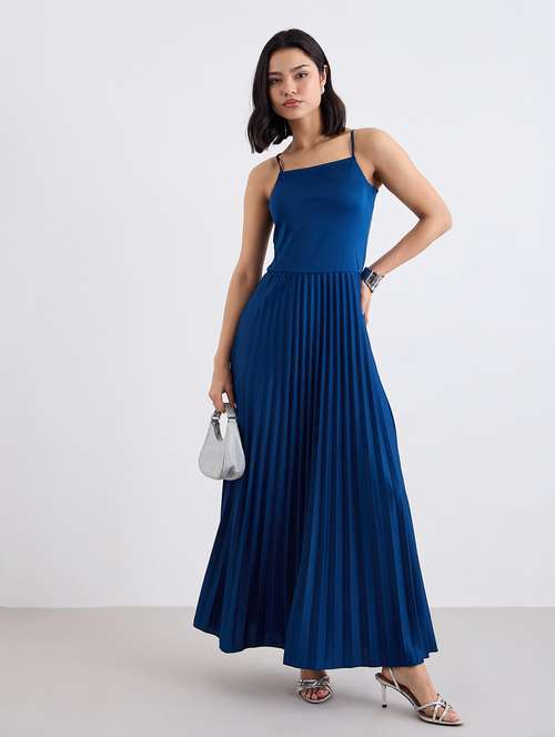 women blue solid shoulder strap a-line dress - 22083514 -  Standard Image - 0