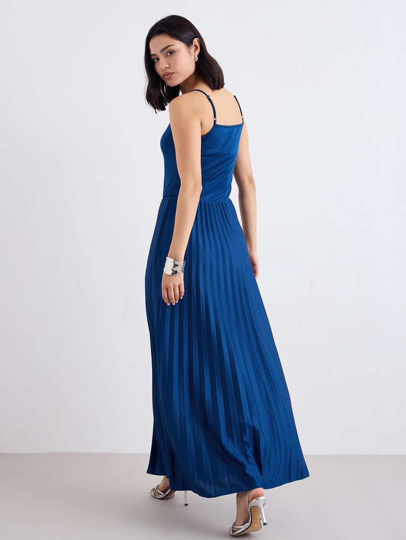 women blue solid shoulder strap a-line dress - 22083514 - Standard Image - 2